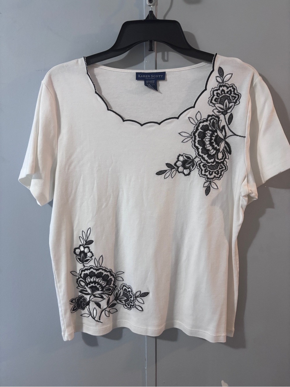 Karen Scott White Short-Sleeve Top with Black Floral Embroidery